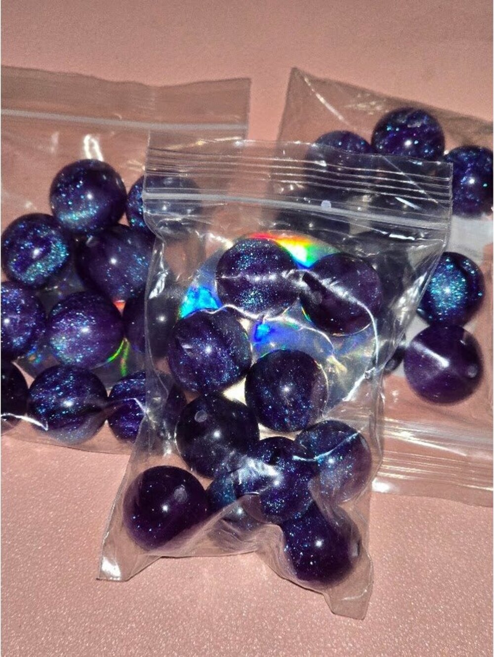 16mm Resin Galaxy Beads • Glitter Shimmer Round Beads • Eggplant Purple